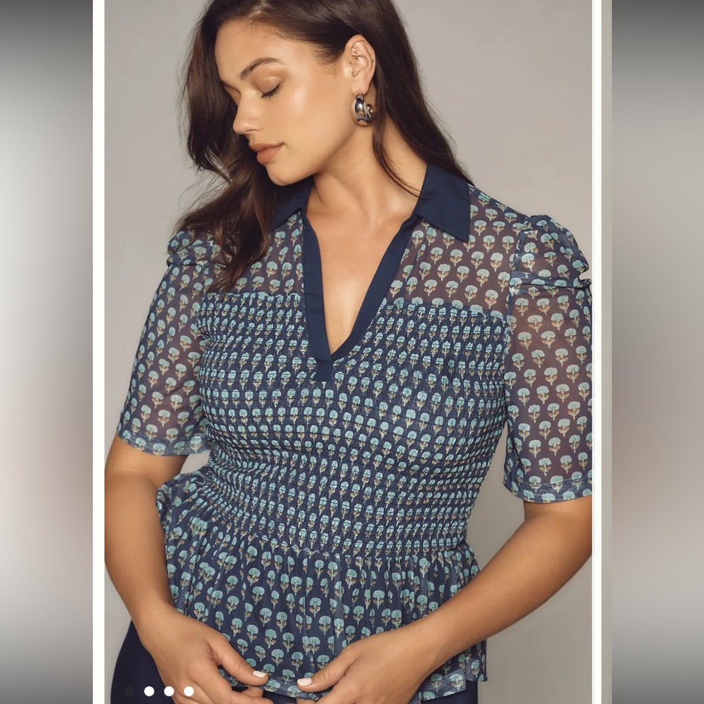 Anthropologie Maeve short sleeve smocked polo top